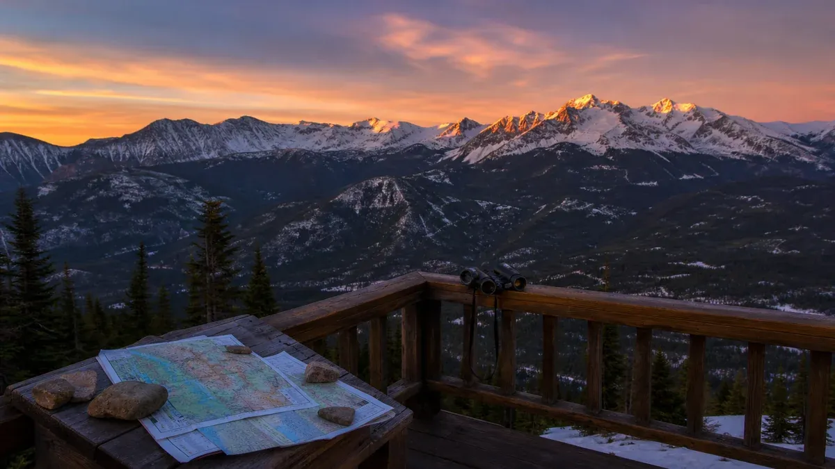 Snowy mountain town editorial research scene for winter travel education